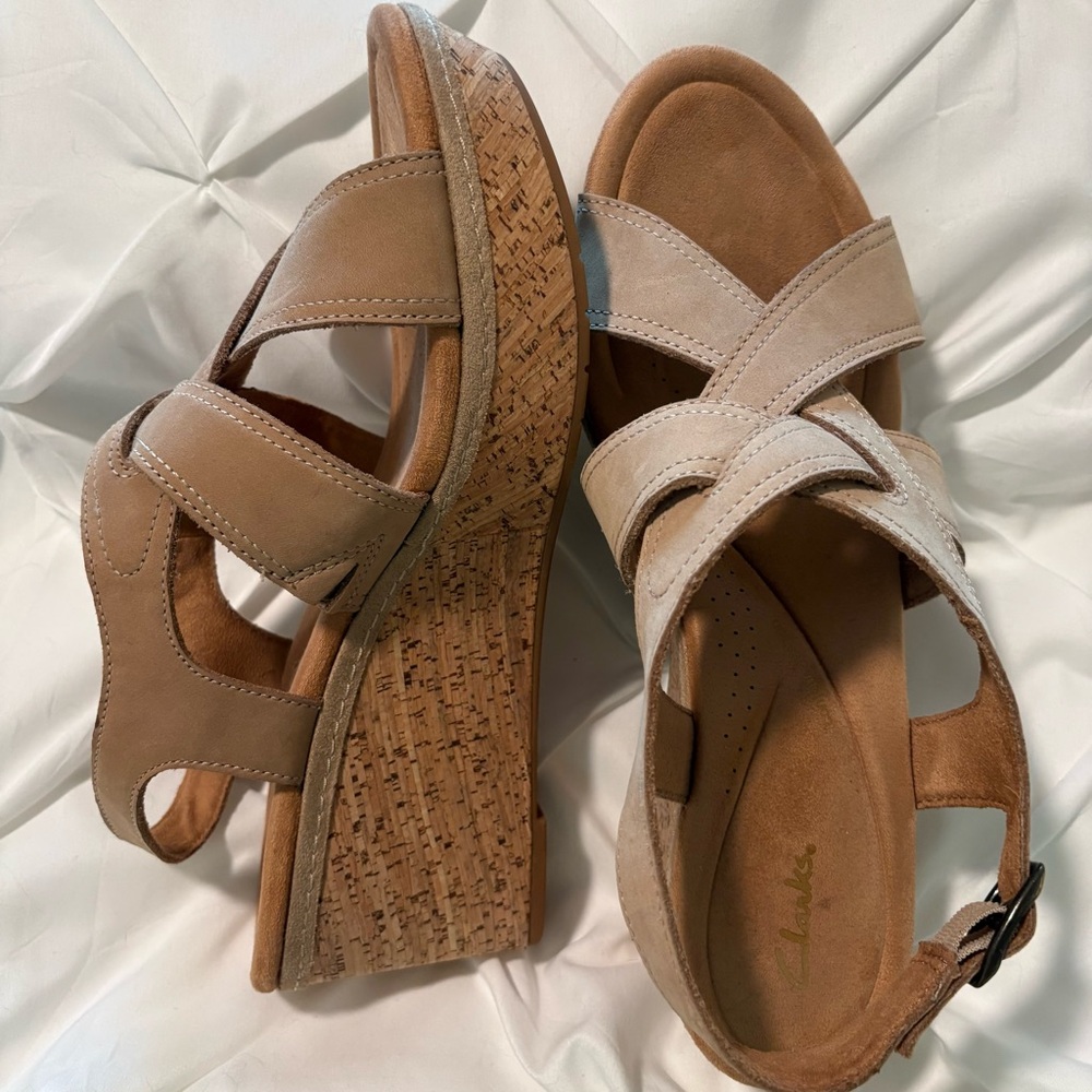 Clarks Comfort Wedge Sandals, Cork Heel, Women’s 11, Worn Once